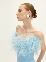 2024 Summer Blue Tube Top Feather Fashion Sexy Slim Mini Dress