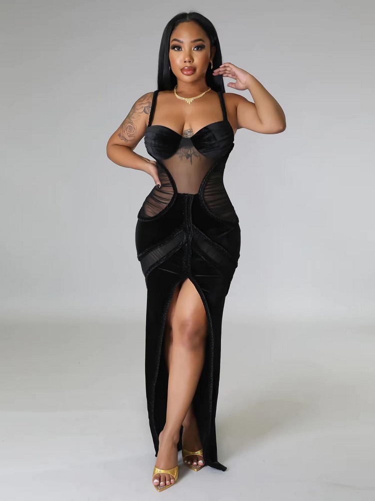 2024 New Summer Fashion Sexy Black Sling Twist Mesh Long Dress