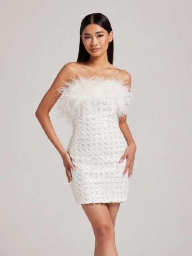 2024 Summer New Tube Top Feather Beaded Sequins Slim Mini Skirt European And American Fashion Party Dress