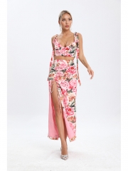 2024 New Summer Fashion Big Flower One-shoulder Long Sleeve Exposed Belly High Split long dress banquet party Dress