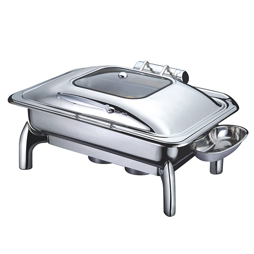 8 Qt. Stainless Steel Rectangular Induction Chafer with Hinged Glass Dome Cover