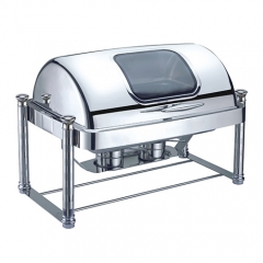 8 Qt. Rectangular Mirror Finish Stainless Steel Roll Top Chafer With Glass Top(New)