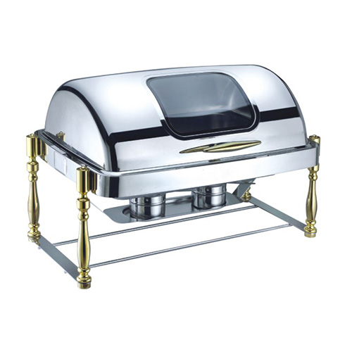 8 Qt. Rectangular Mirror Finish Gold Stainless Steel Roll Top Chafer With Glass Top(New)