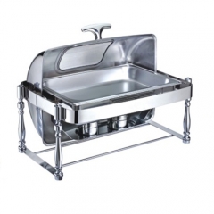 8 Qt. Rectangular Mirror Finish Stainless Steel Roll Top Chafer With Glass Top(New)