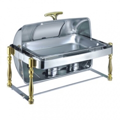 8 Qt. Rectangular Mirror Finish Gold Stainless Steel Roll Top Chafer With Glass Top(New)