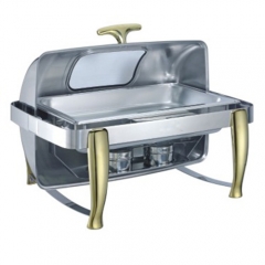 8 Qt. Rectangular Mirror Finish Gold Stainless Steel Roll Top Chafer With Glass Top(New)