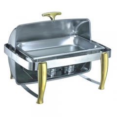 8 Qt. Rectangular Mirror Finish Gold Stainless Steel Roll Top Chafer(New)