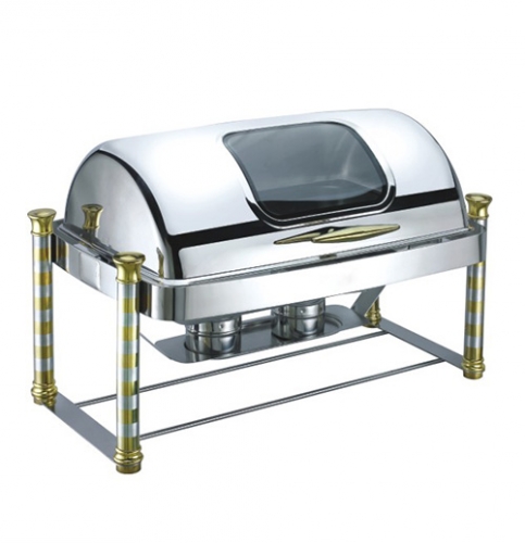 8 Qt. Rectangular Mirror Finish Gold Stainless Steel Roll Top Chafer With Glass Top(New)