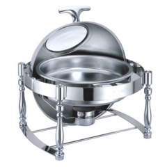 6.5 Qt. Round Mirror Finish Stainless Steel Roll Top Chafer With Glass Top(New)