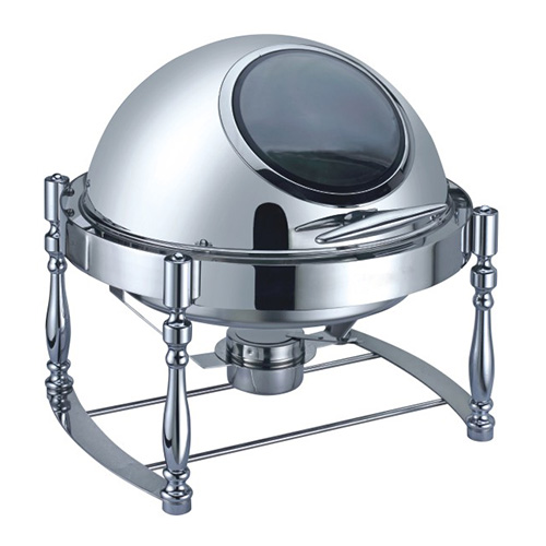 6.5 Qt. Round Mirror Finish Stainless Steel Roll Top Chafer With Glass Top(New)