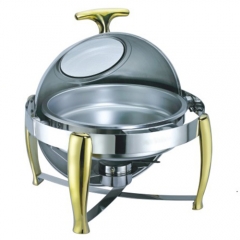 6.5 Qt. Round Mirror Finish Gold Stainless Steel Roll Top Chafer With Glass Top (New)