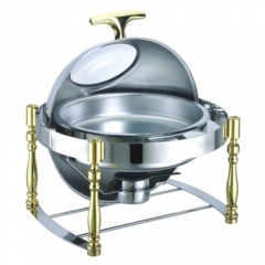 6.5 Qt. Round Mirror Finish Gold Stainless Steel Roll Top Chafer With Glass Top (New)