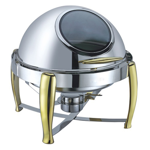 6.5 Qt. Round Mirror Finish Gold Stainless Steel Roll Top Chafer With Glass Top (New)