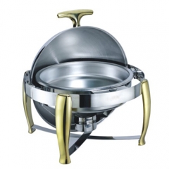 6.5 Qt. Round Mirror Finish Gold Stainless Steel Roll Top Chafer(New)