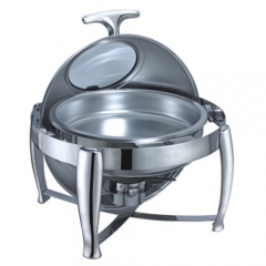 6.5 Qt. Round Mirror Finish Stainless Steel Roll Top Chafer With Glass Top(New)