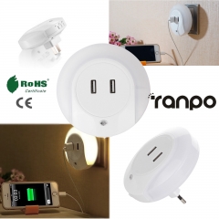 LED Sensor Light Dual USB Charger Night Light Wall Plate Lamp White US EU Plug