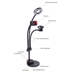 Suporte de telefone celular LED Desk Lamp Toque de Controle de Selfie Anel de Luz Chat de Vídeo com Suporte para Microfone para Transmissão Ao Vivo, T