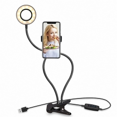 柔軟な調光可能なダブルアーム写真LEDセルフィーリングライトクランプスタンドと調整可能なグースネック携帯電話ホルダー