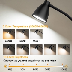 Clipe na luz de leitura 3 modos de cor 10 brilho Dimmer Clamp Light 10W 38 LED Desk Lamp com 360 graus Flexível Gooseneck