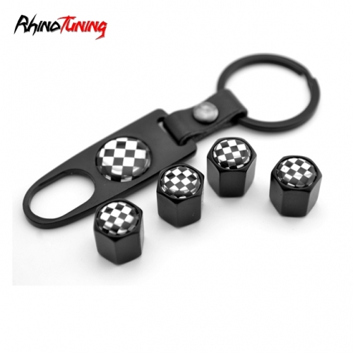 4pcs (1set) Checkered Tyre Valve Dust Caps With Spanner Tool