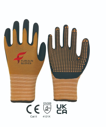 15 gauge nylon+spandex with nitrile foam palm coating+nitrile dots