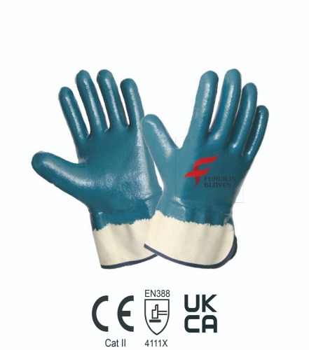 Cotton jersey liner with blue nitrile smooth fully coating,safety cuff