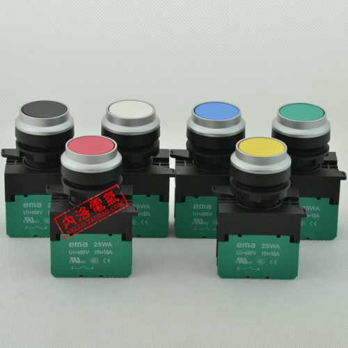 EMA 22mm without light button, high flat head self reset, E2P5* red, yellow green, blue, white, black, 1 often open