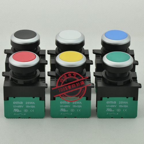 EMA 22mm without light button, flat head self reset, E2P1* red, yellow green, blue, white, black, 1 normally open