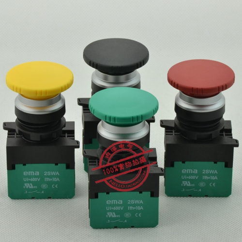 EMA no light button, 22mm self reset, E2P4*.M1 mushroom head, red, yellow green, black 1NO