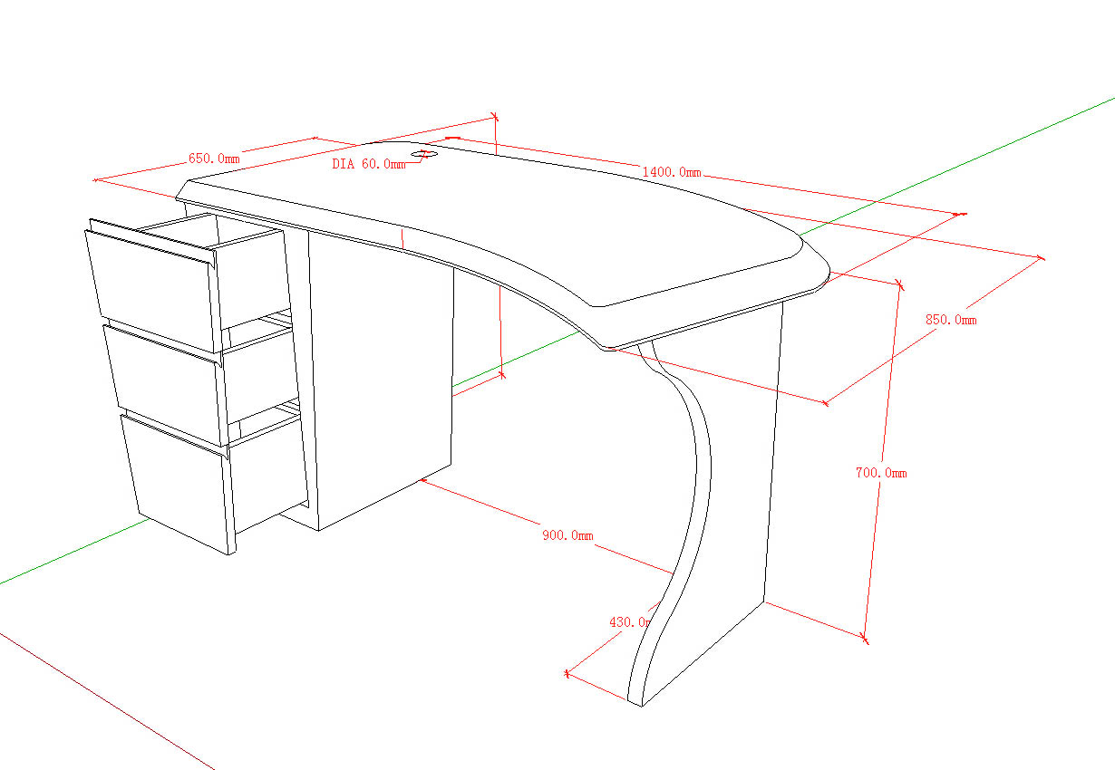More size 3D drawing of office desk 