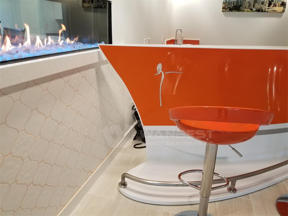 orange corian bar counter with stools