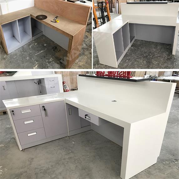 L shape white black solid surface luxury reception desk