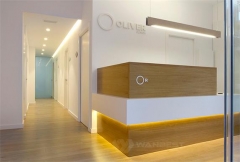 Solid Surface White & Brown Wood LED Light Luxury Reception Desk