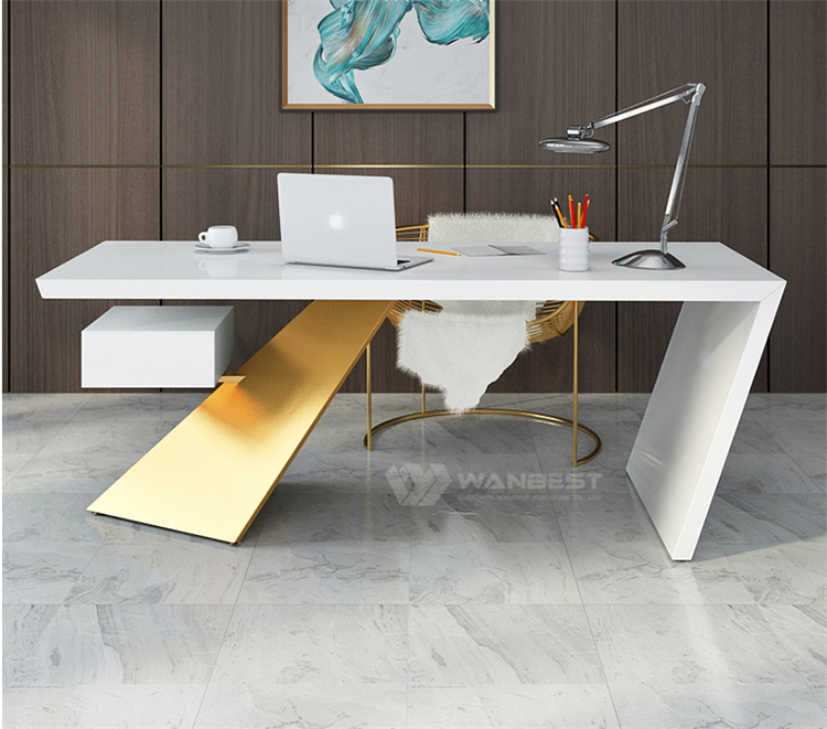  Standard Size Office Desk Stone Material White Body Gold Foot Color Tailored Shape