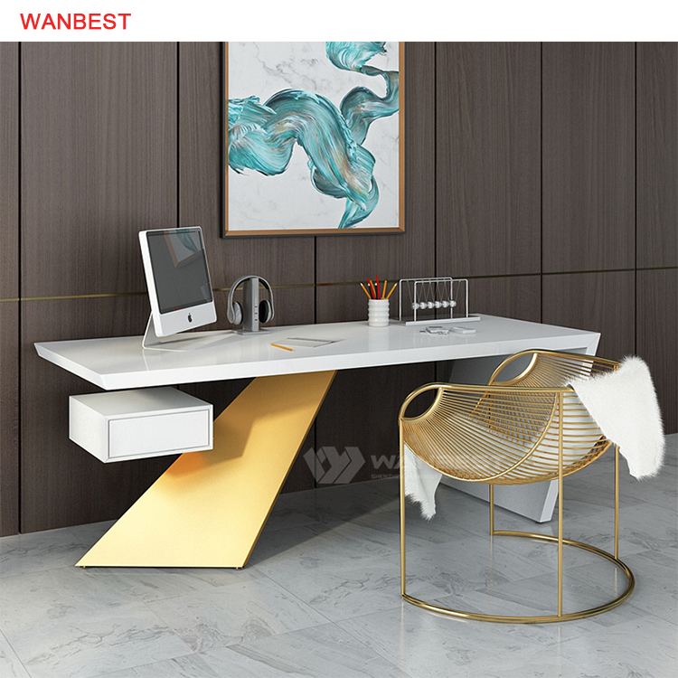 White artificial Stone Gold Stainless Steel Luxury Design CEO Unique Office Desk 