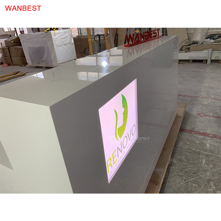 L shape Solid Surface White LED Light LOGO Reception Desk Furniture