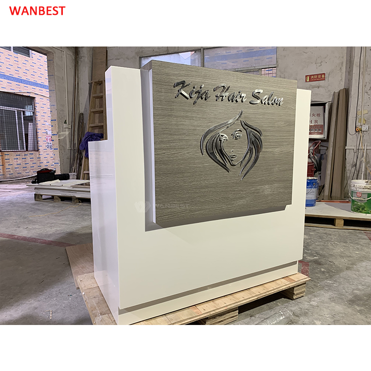 Customized 304# stainless steel LOGO solid surface reception desk 
