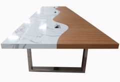 large quartz conference table combine wood veneer wave shape design