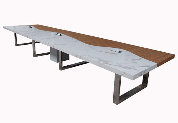 large quartz conference table combine wood veneer wave shape design