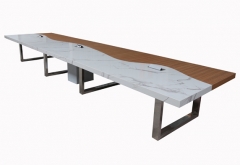 large quartz conference table combine wood veneer wave shape design