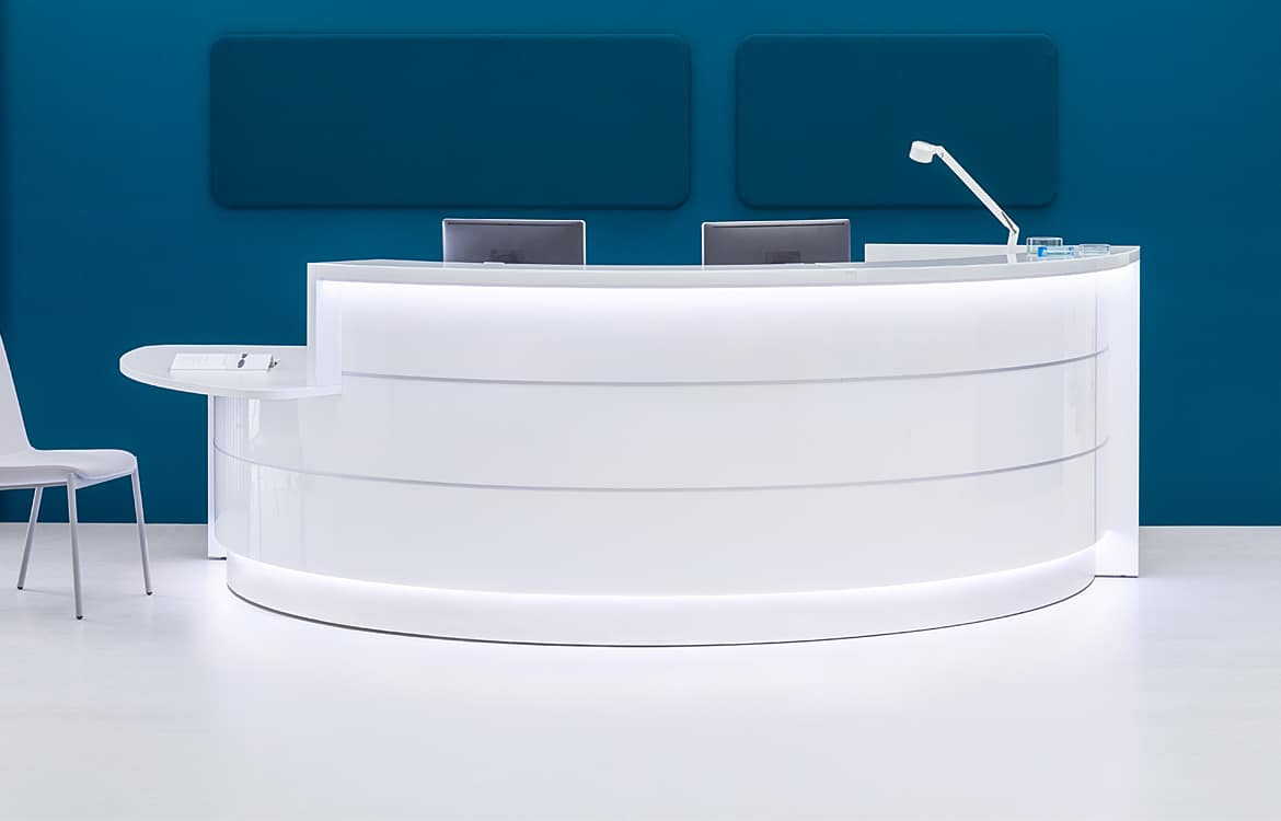 solid surface reception desk which suitable for multiple people to work and multitasking