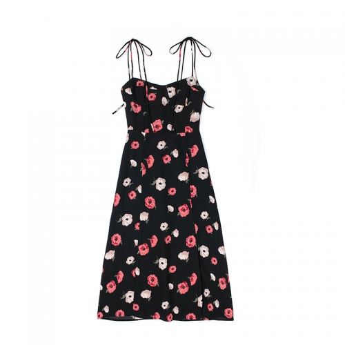 French flower print retro suspender skirt