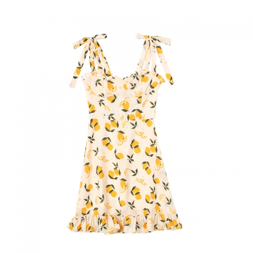 Lemon print fungus ruffled lace suspender skirt