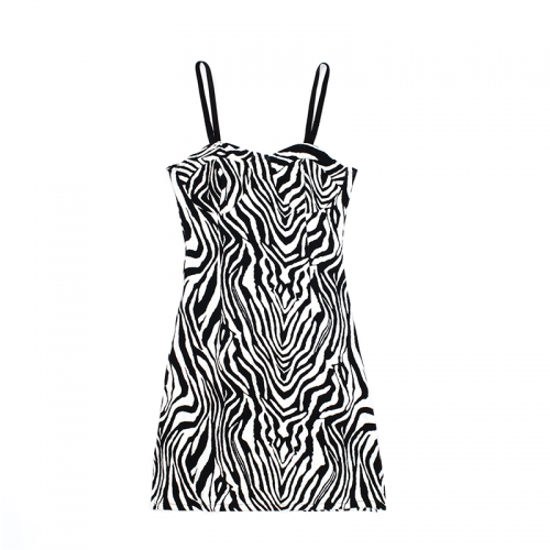 Black and white zebra print V-neck suspender skirt