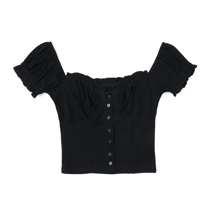 Low-neck short-sleeved slim top with vintage wood ears