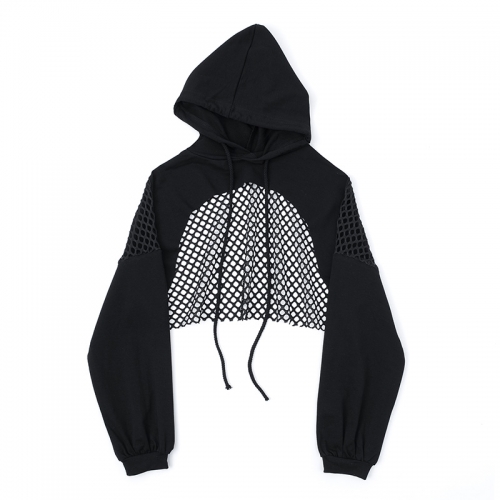 Grid perspective stitching super short hooded sweatshirt