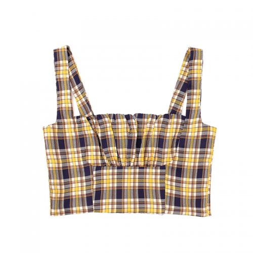 Spring and summer retro contrast check French square collar vest