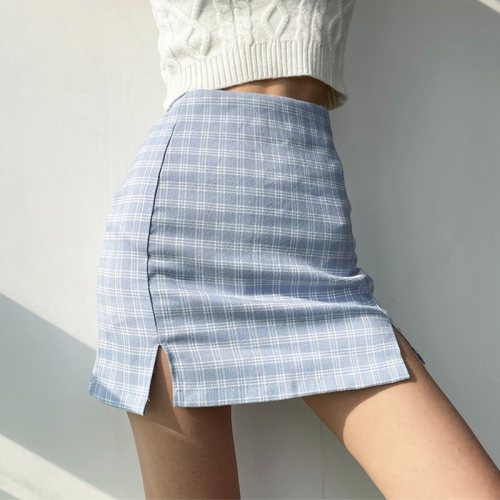 High waist double slit blue plaid skirt