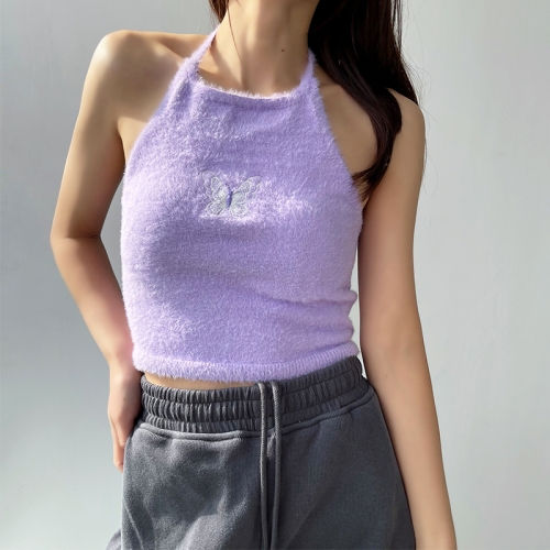 Soft waxy plush fleece lace halter vest