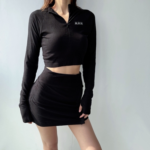 Stand-up collar zipper threaded long-sleeved T-shirt + high waist tight-fitting hip skirt suit